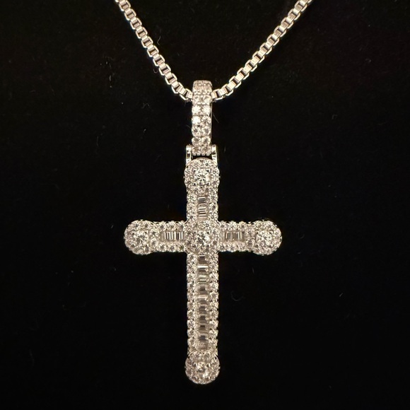 Sterling Silver Cross Pendant Necklace with Baguettes - Picture 3 of 5